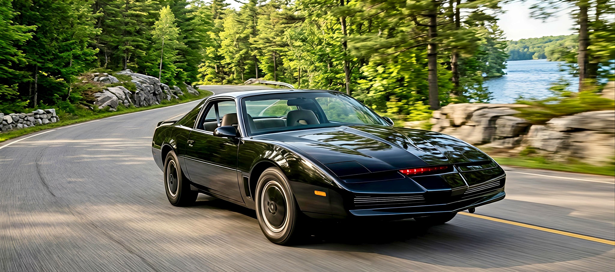 The 1983 KITT replica car driving on a scenic winding road in Canada, highlighting its high-gloss black finish.