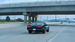 The KITT Knight Rider replica in motion, showcasing the iconic car driving on the open road.